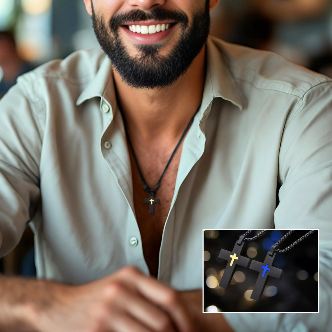 Collier homme, pendentif CROIX SUR CROIX™ noir or chemise mode