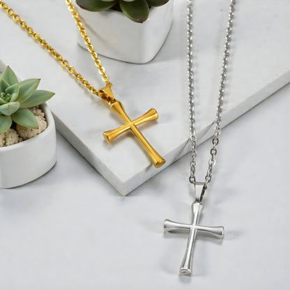 Collier homme, pendentif Croix Aura Moderne argent doré presentation un plantes