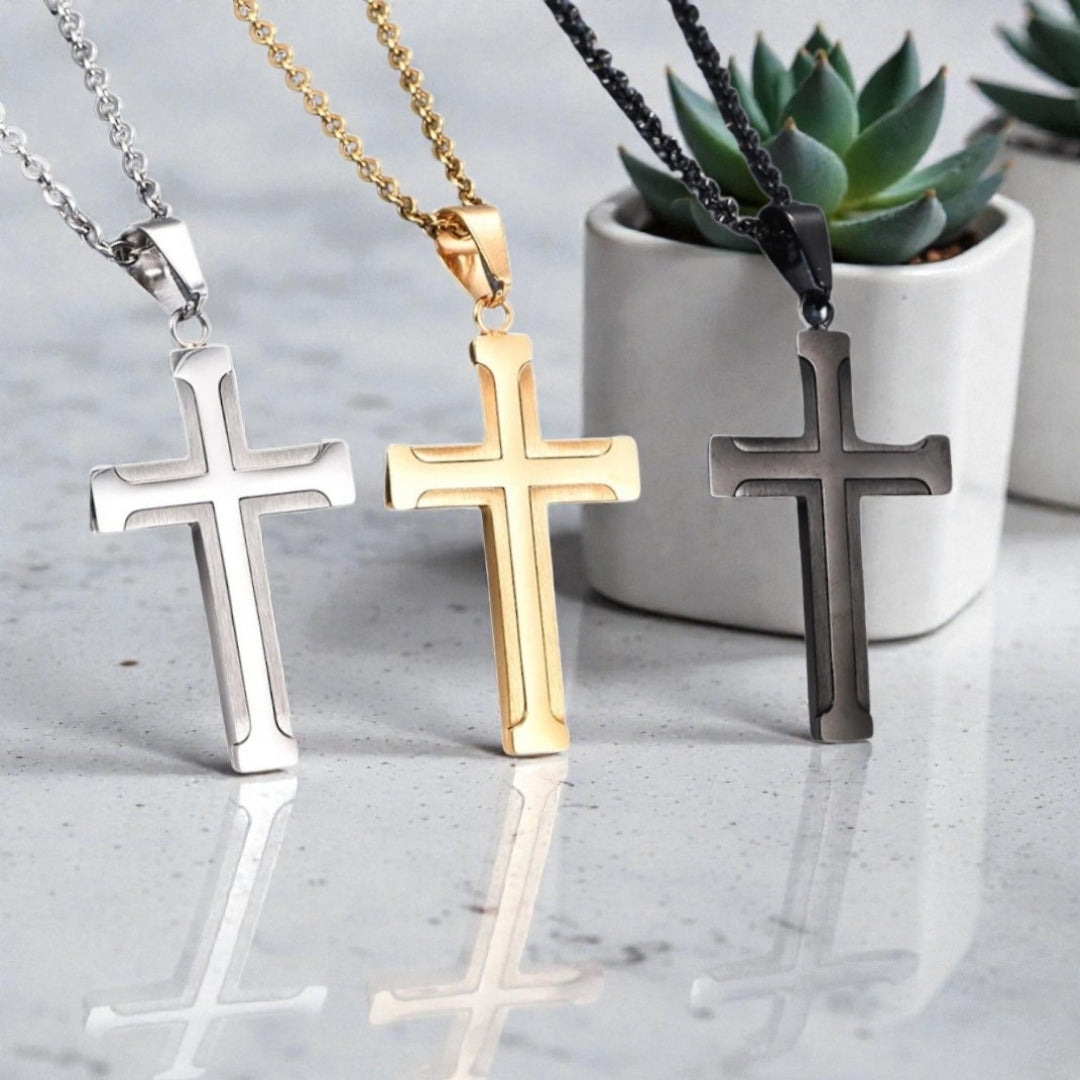 Collier homme pendentif Croix à Bords evases dore noir argent marbre