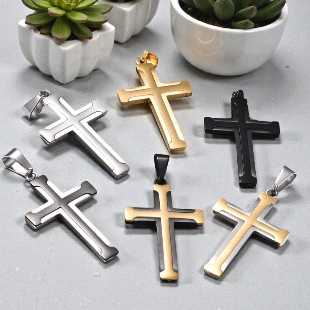 Collier homme pendentif Croix à Bords evases dore noir argent trois bicolores marbre