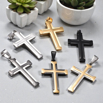 Collier homme pendentif Croix à Bords evases dore noir argent trois bicolores marbre
