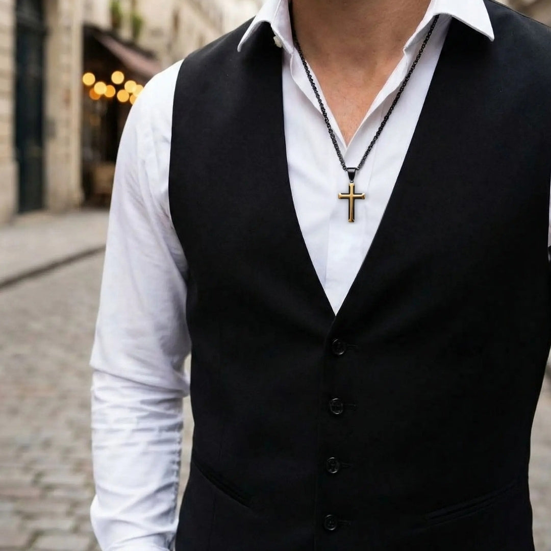 Collier homme pendentif Croix à Bords evases dore noir chemise blanche