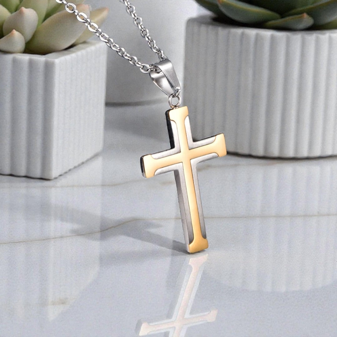 Collier homme pendentif Croix à Bords evases variantes dore argent bicolore 