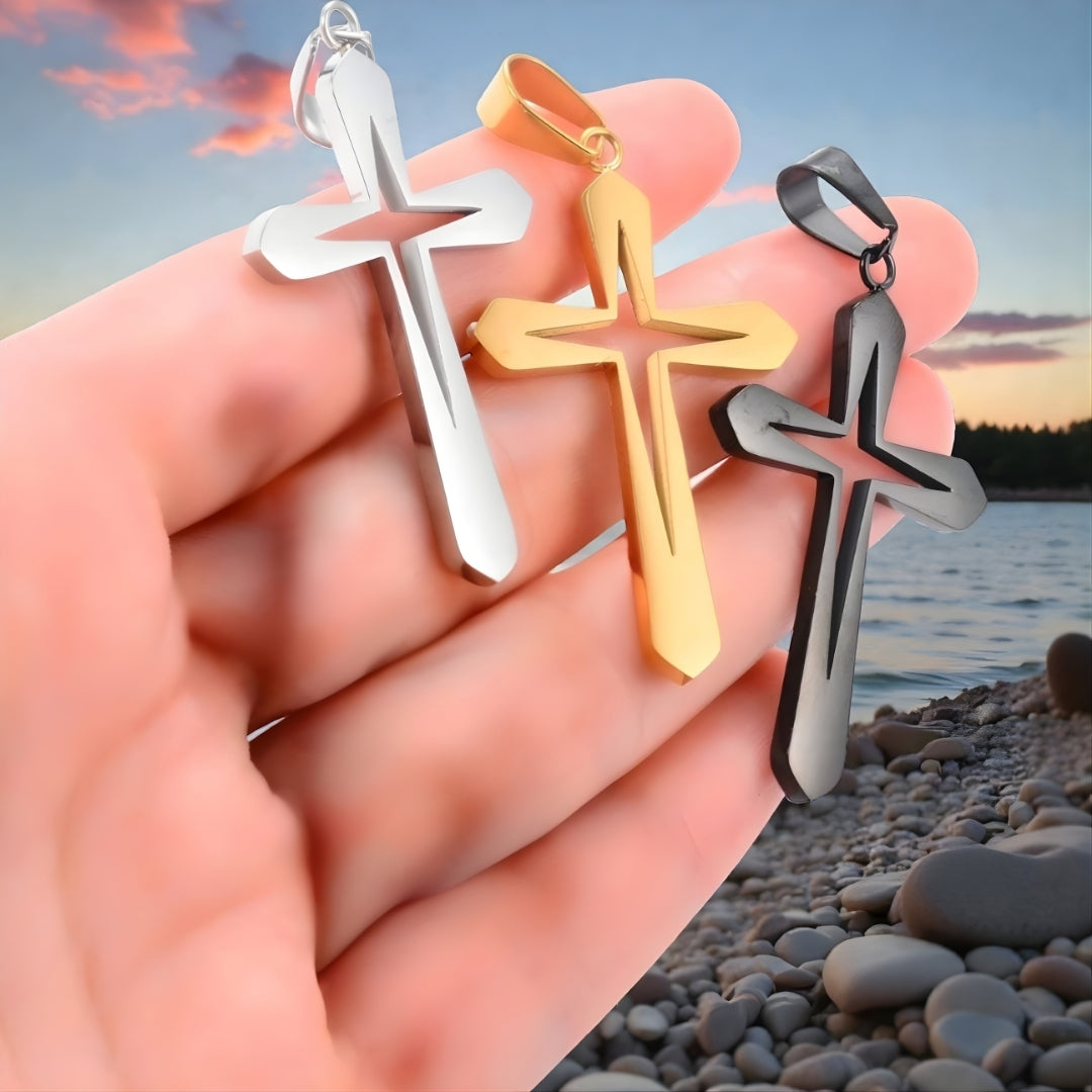 Collier homme, pendentif Croix Gladius" noir dore argent main riviere