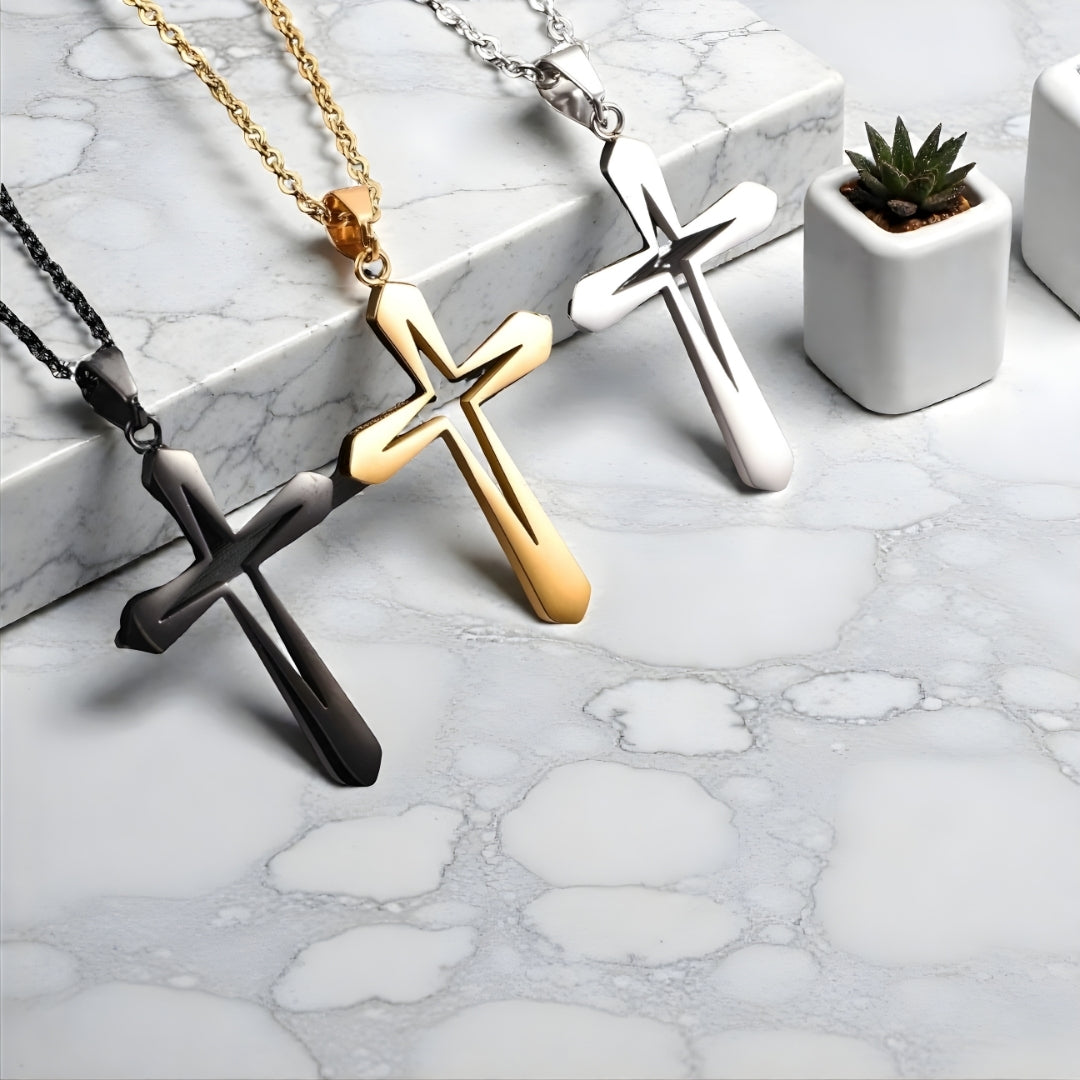 Collier homme, pendentif Croix Gladius" noir dore argeny mabre 