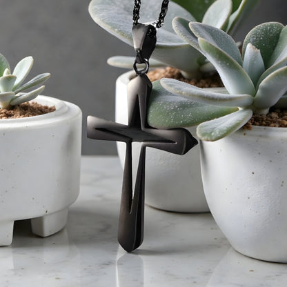 Collier homme, pendentif Croix Gladius" noire marbre variante