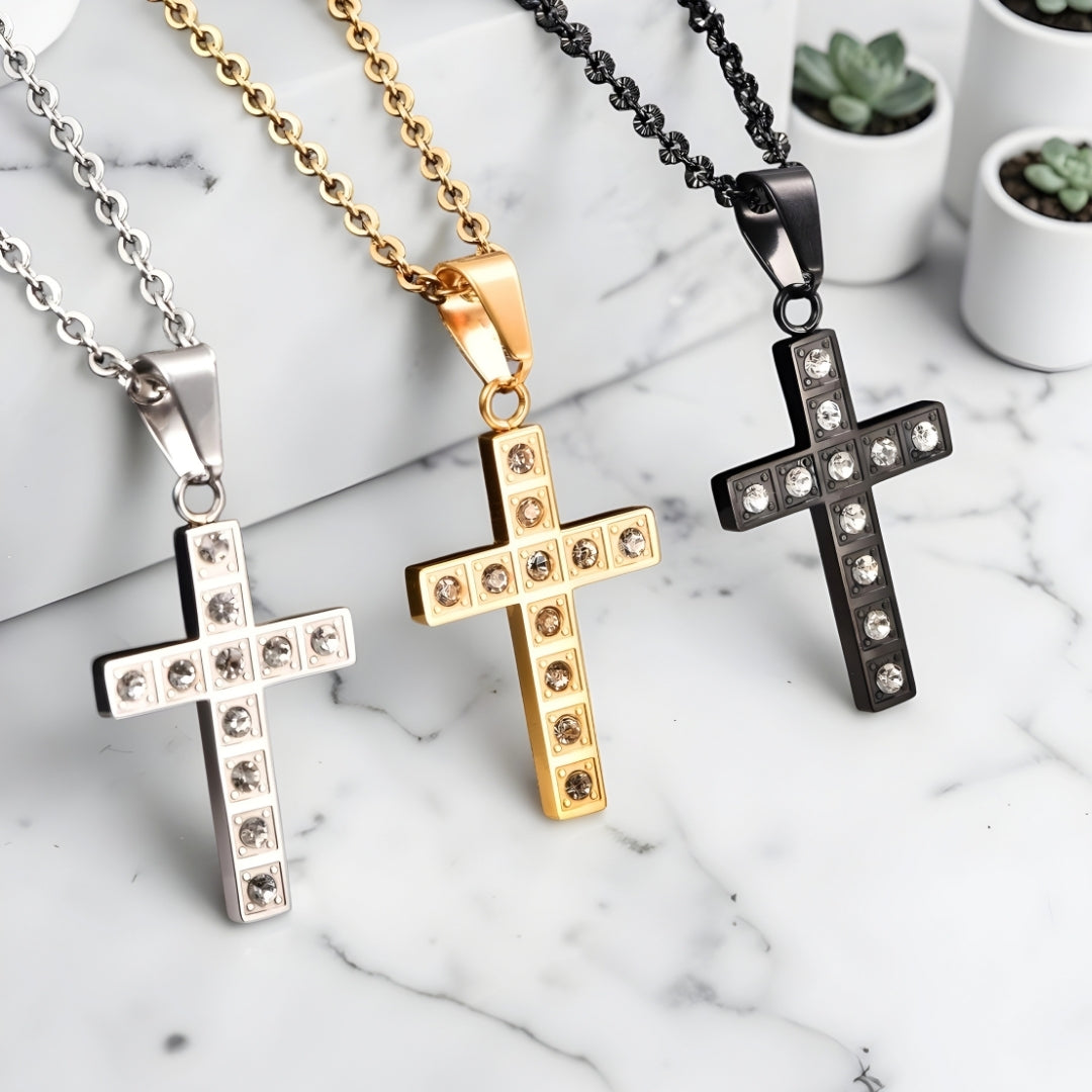 Collier homme pendentif  "Croix Stellar" variantes argent dore noir marbre 