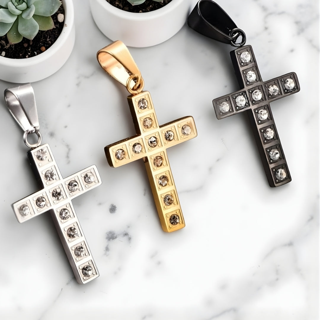 Collier homme pendentif  "Croix Stellar" variantes dore argent noir table marbre sans chaine