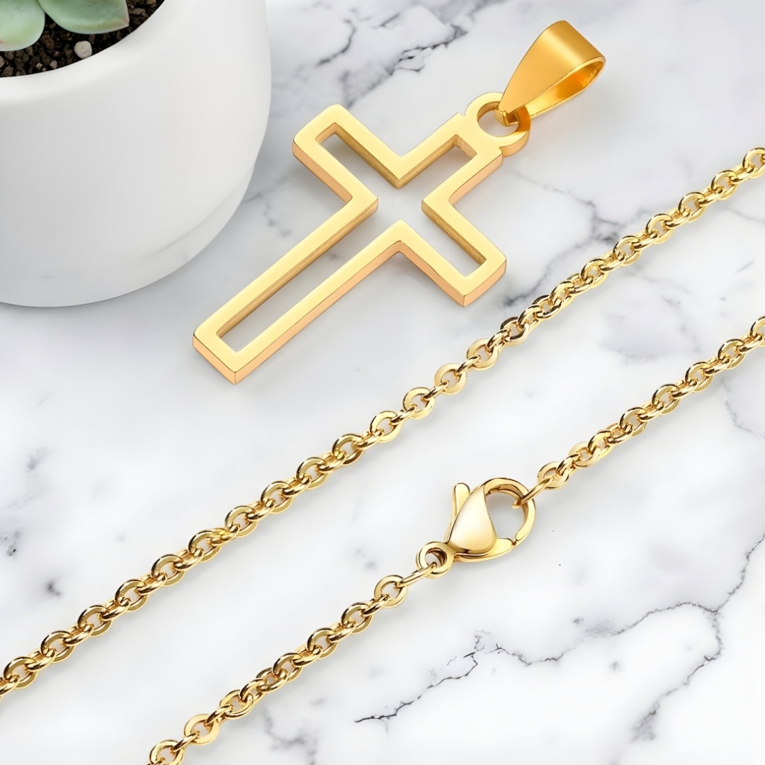 Collier homme, pendentif Croix Urbaine Ajourée dore marbre variante