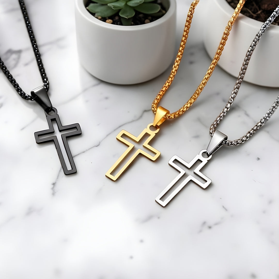 Collier homme, pendentif Croix Urbaine Ajourée noire dore argent pots plantes marbre