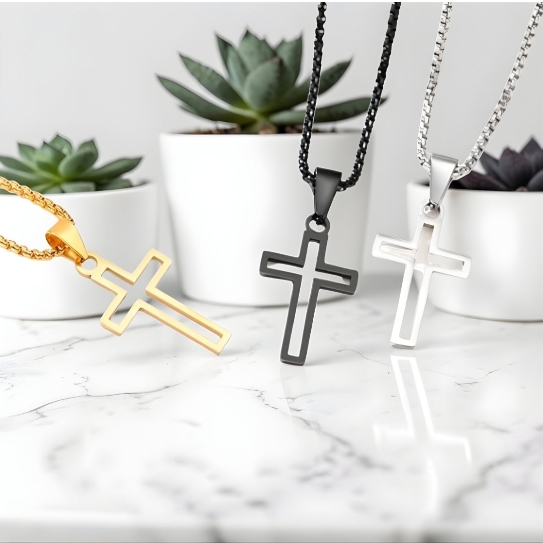 Collier homme, pendentif Croix Urbaine Ajourée noire dore argent pots plantes marbre angle