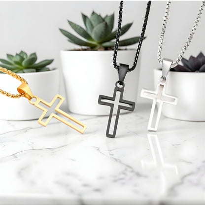Collier homme, pendentif Croix Urbaine Ajourée noire dore argent pots plantes marbre angle