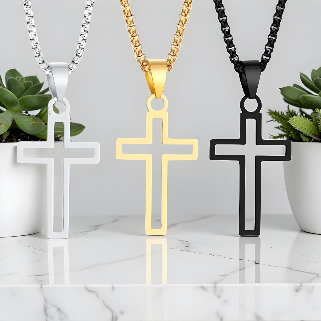 Collier homme, pendentif Croix Urbaine Ajourée noire dore argent pots plantes marbre droites