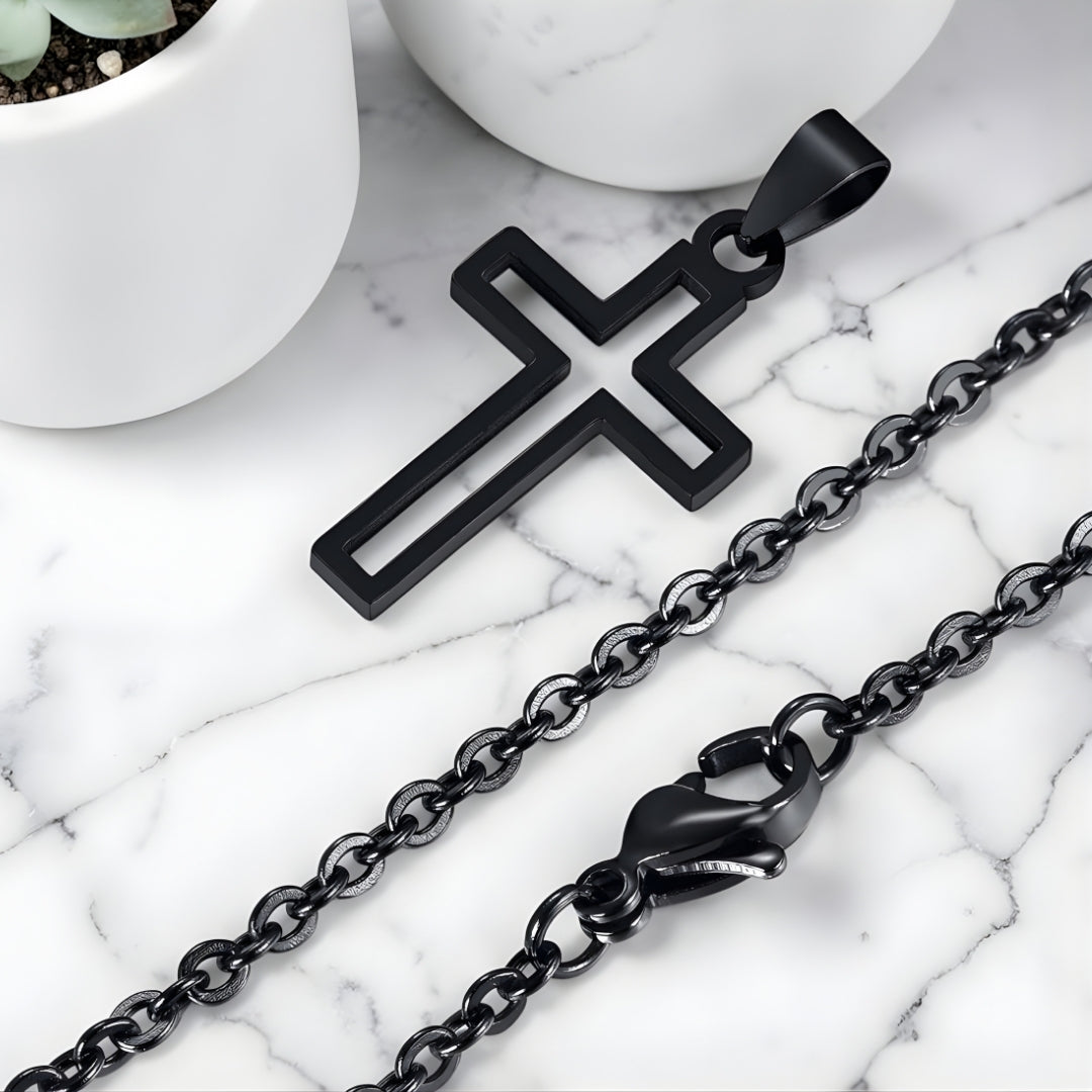 Collier homme, pendentif Croix Urbaine Ajourée noire variante