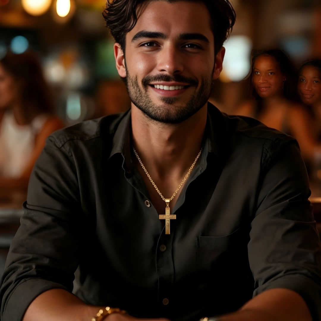 Collier homme pendentif Croix "Éclipse" dore chemise brune bistro