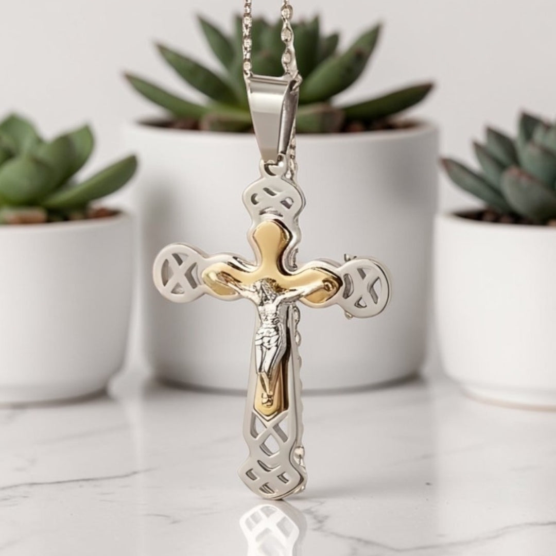 Collier homme pendentif Croix de l'Alliance Crucifix variante bicolore