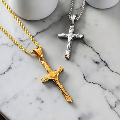 Collier homme pendentif Croix de la Redemption argent et doré marbre