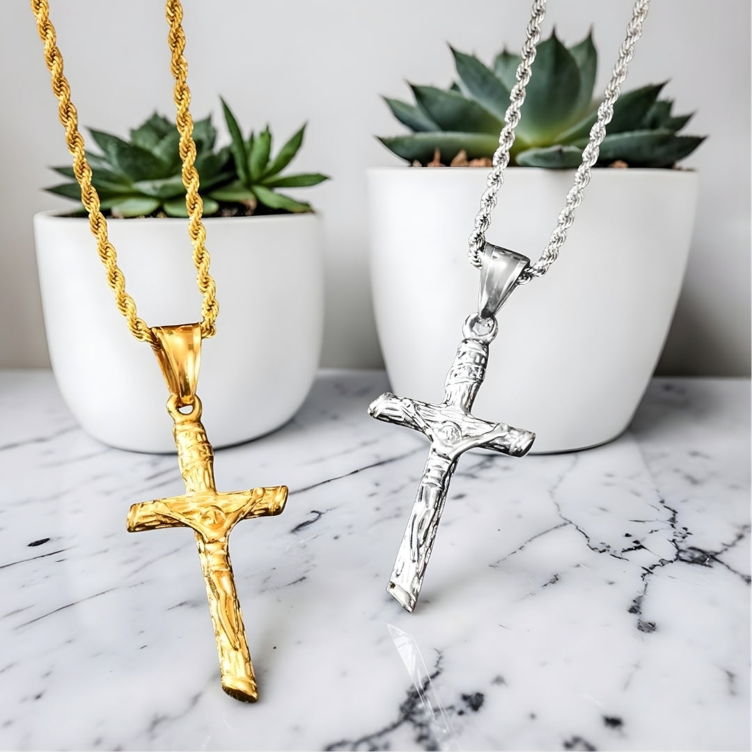 Collier homme pendentif Croix de la Redemption argent et doré pots blancs