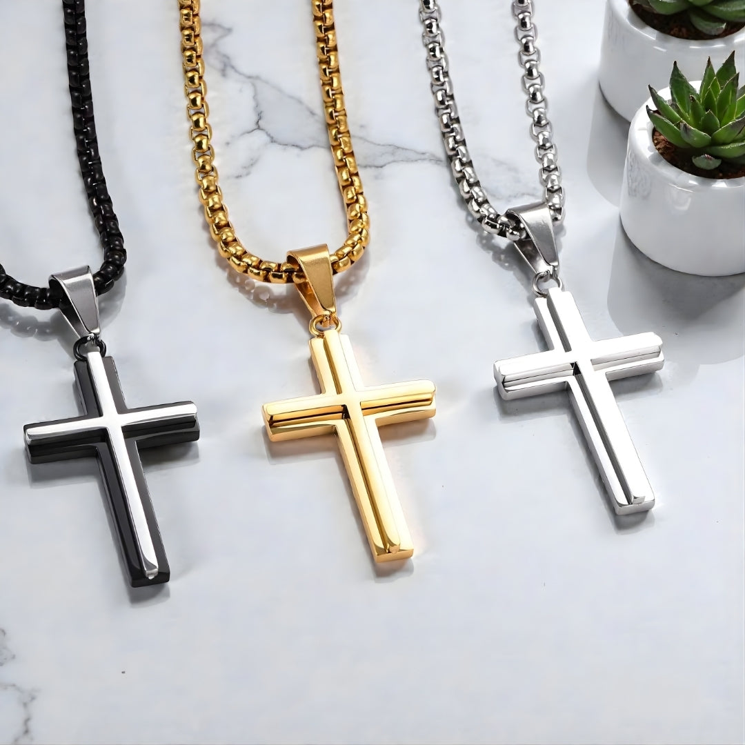 Collier homme pendentif Croix double architecturale trois couleurs classiques plantes