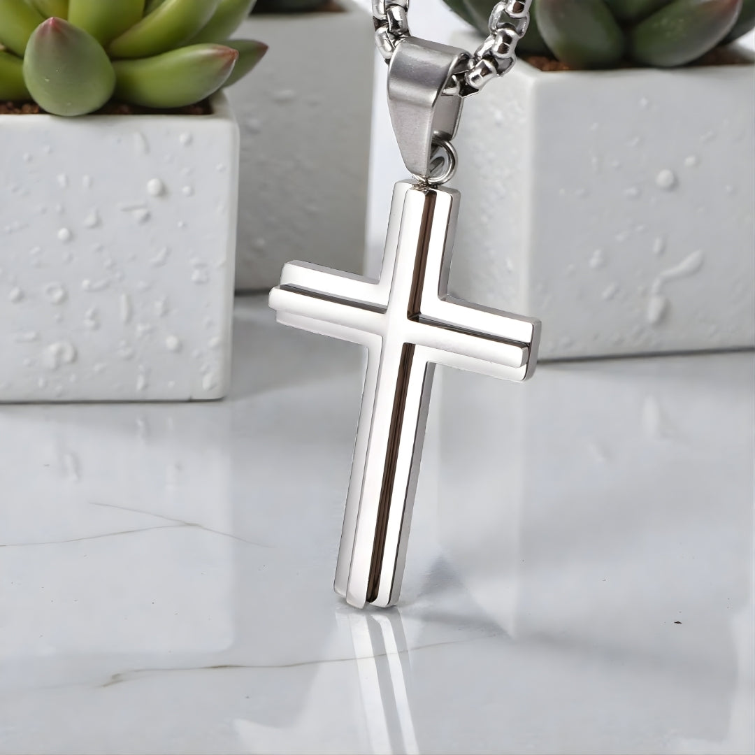 Collier homme pendentif Croix double architecturale variante argent