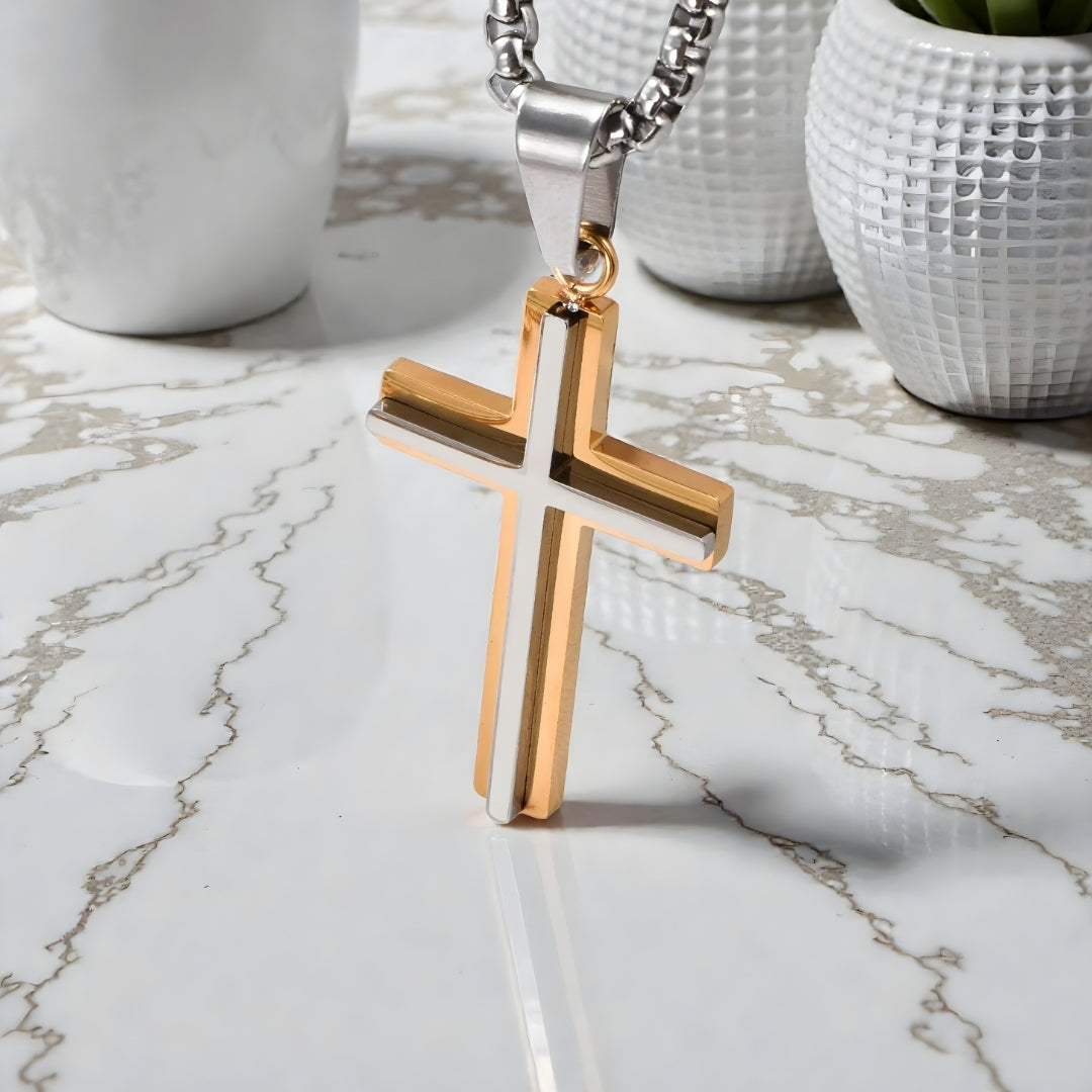 Collier homme pendentif Croix double architecturale variante argent doré