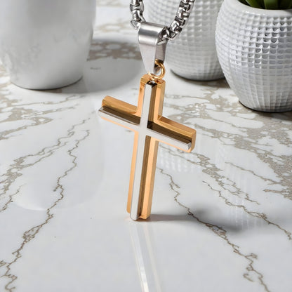 Collier homme pendentif Croix double architecturale variante argent doré