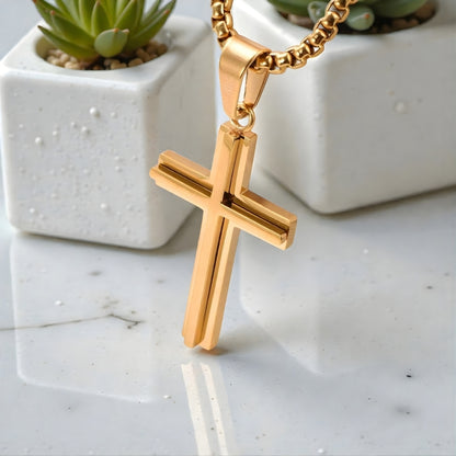 Collier homme pendentif Croix double architecturale variante dore
