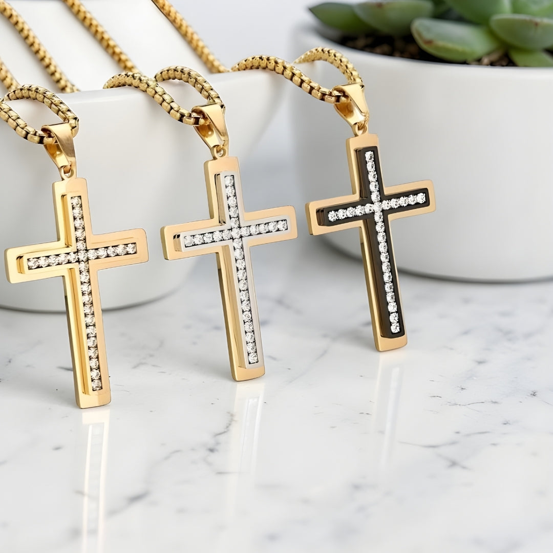Collier homme pendentif Croix "eclat eternel" dore noir marbre plantes