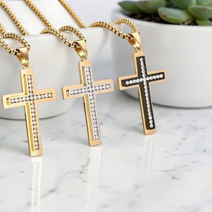 Collier homme pendentif Croix "eclat eternel" dore noir marbre plantes