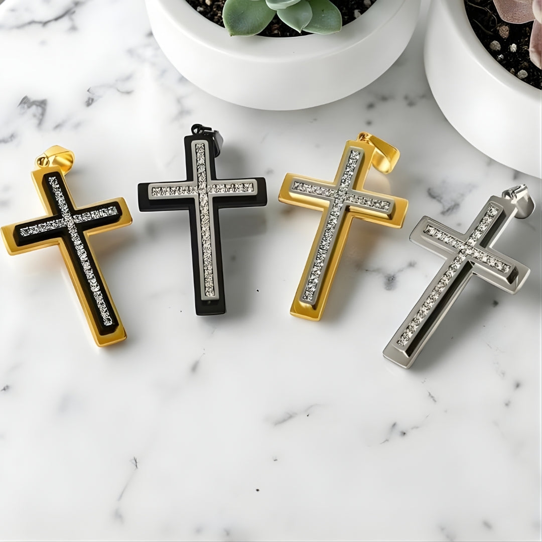 Collier homme pendentif Croix "eclat eternel" dore noir noir dore argent marbre plantes