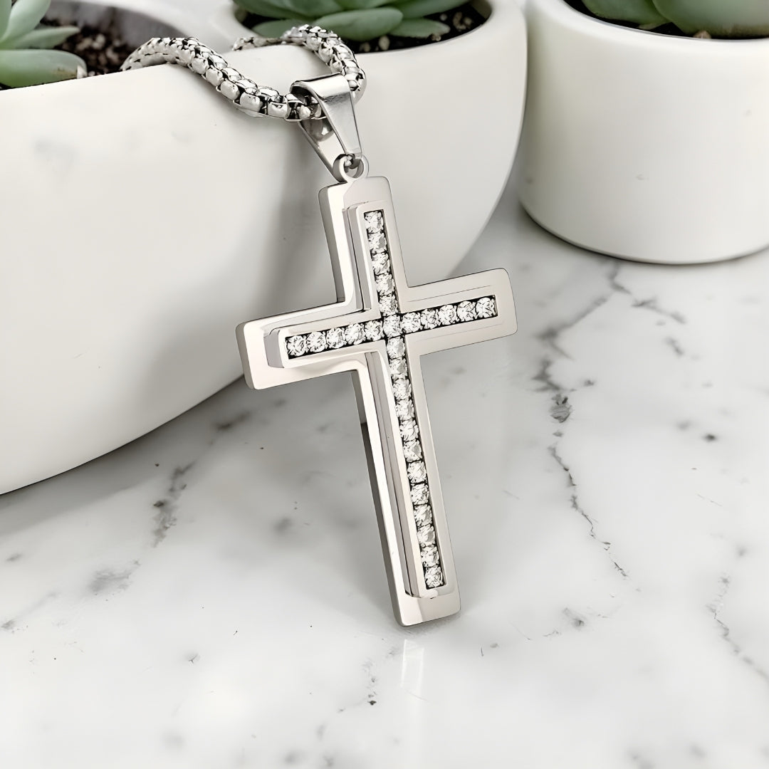 Collier homme pendentif Croix "eclat eternel" variante argent