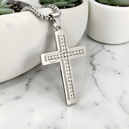 Collier homme pendentif Croix "eclat eternel" variante argent