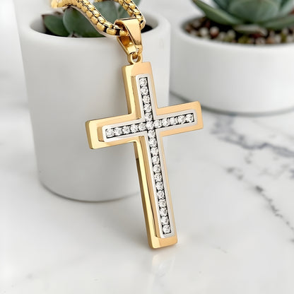 Collier homme pendentif Croix "eclat eternel" variante dore