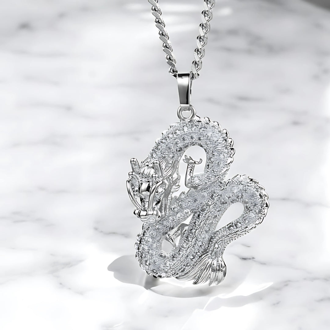 Collier homme, pendentif DRAGON CHINOIS LUXE DISCRET variante argent