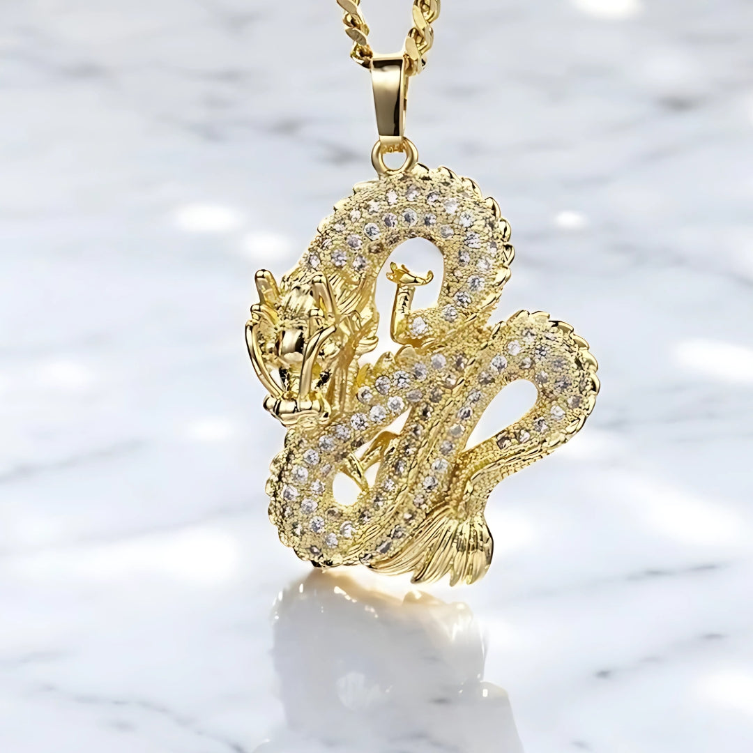 Collier homme, pendentif DRAGON CHINOIS LUXE DISCRET variante doree