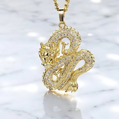 Collier homme, pendentif DRAGON CHINOIS LUXE DISCRET variante doree