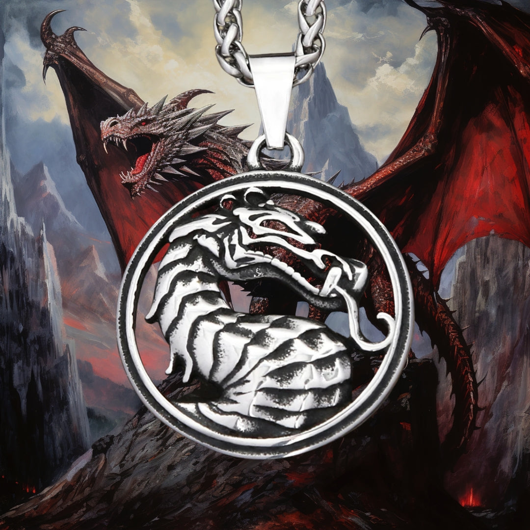 Collier homme, pendentif DRAGON MORTEL™ presentation detail fond dragon