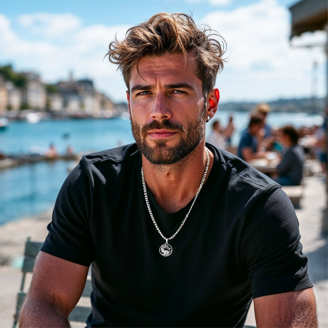 Collier homme, pendentif DRAGON MORTEL™ t-shirt noir terrsse 