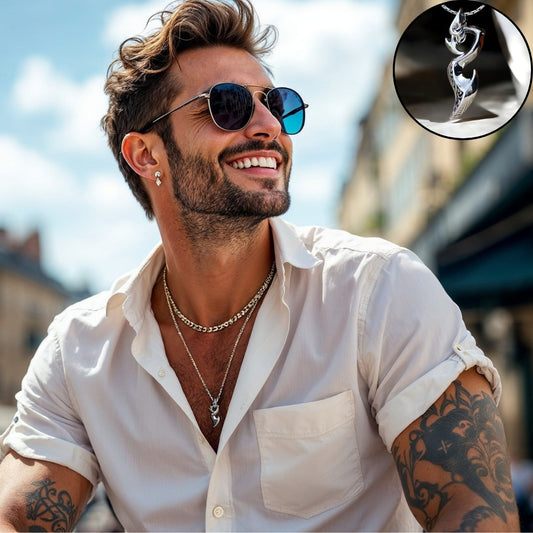 Collier homme, pendentif DRAGON TRIBAL™ chemise blanche chaine layering lunette solei