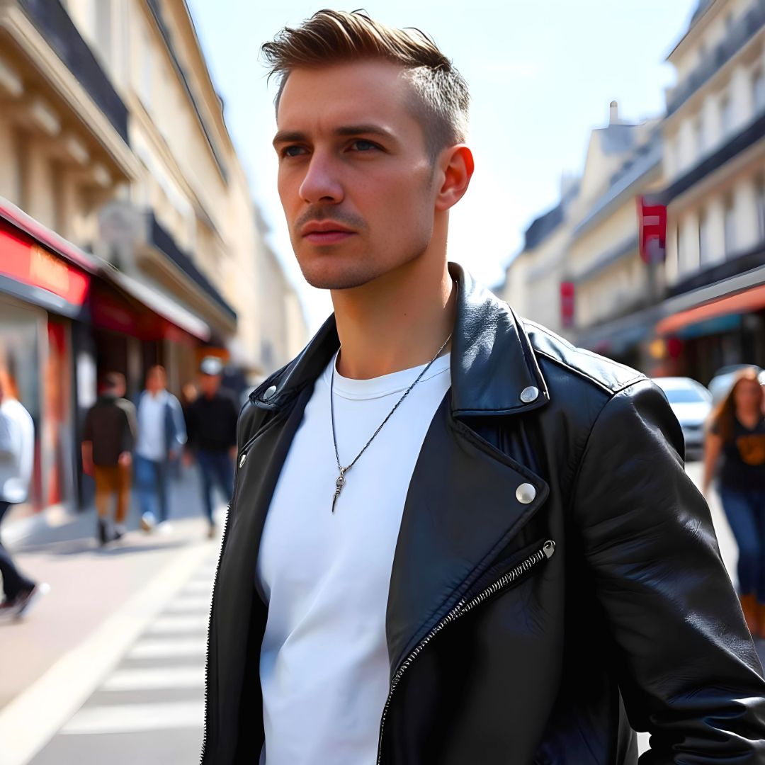 Collier homme, pendentif GANDHANRA™ argent veste cuir noire