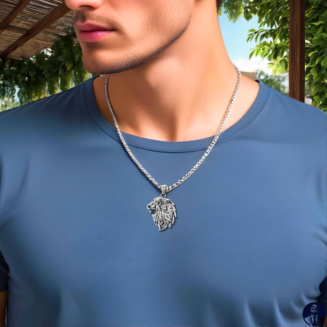 Collier homme, pendentif KELTIK LION  argent t-shirt bleu