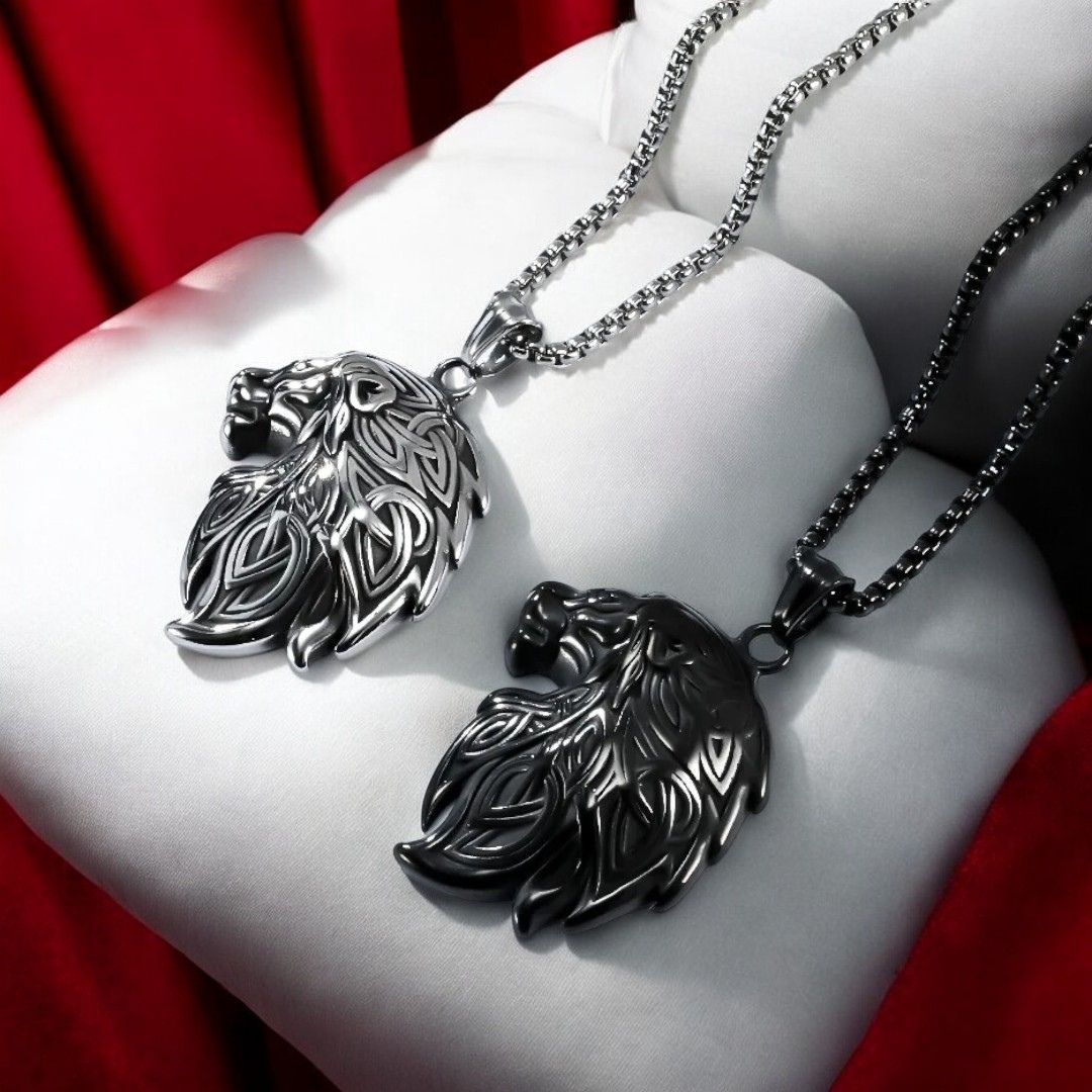 Collier homme, pendentif KELTIK LION noir argent coussin blanc tissu rouge