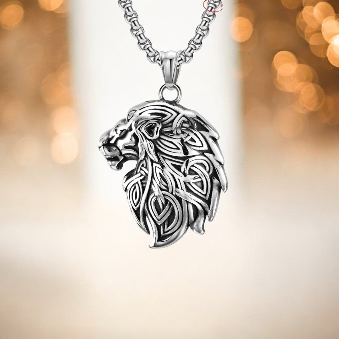 Collier homme, pendentif KELTIK LION variante argent bokeh