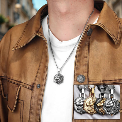 Collier homme, pendentif LION ASTROLOGIQUE argent blouson cuir marron