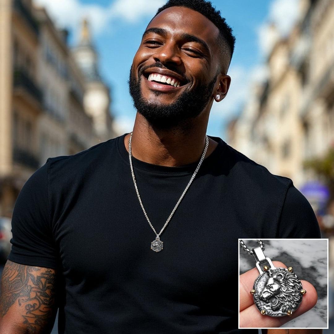 Collier homme, pendentif LION ASTROLOGIQUE argent t-shirt noir homme noir heureux