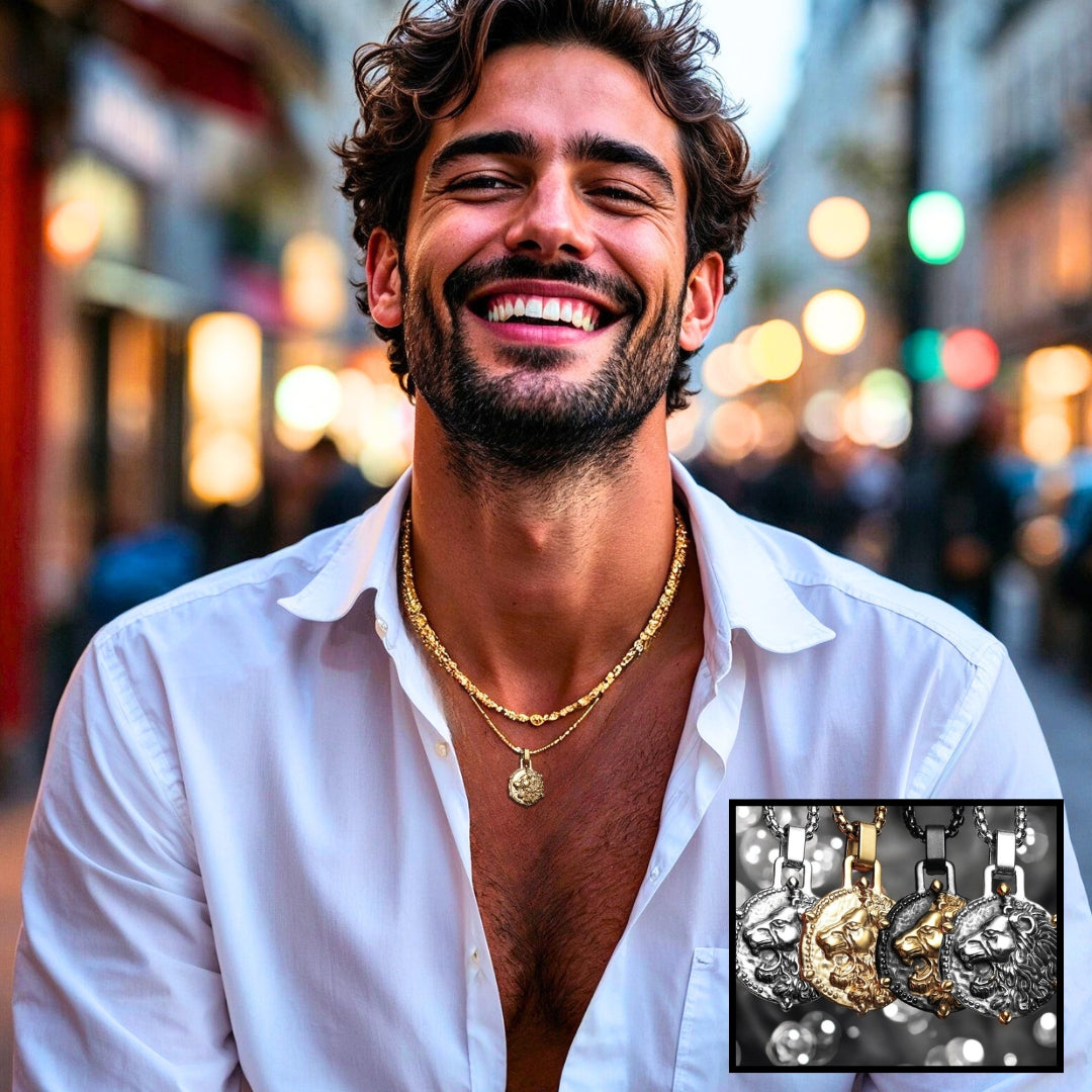 Collier homme, pendentif LION ASTROLOGIQUE dore chemise blanche ouverte rue
