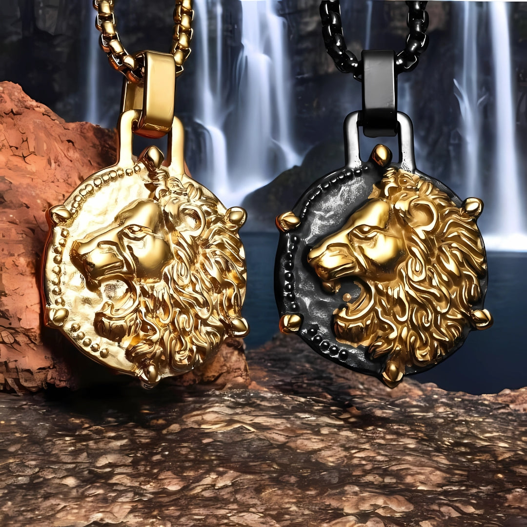 Collier homme, pendentif LION ASTROLOGIQUE dore dore noir chute eau