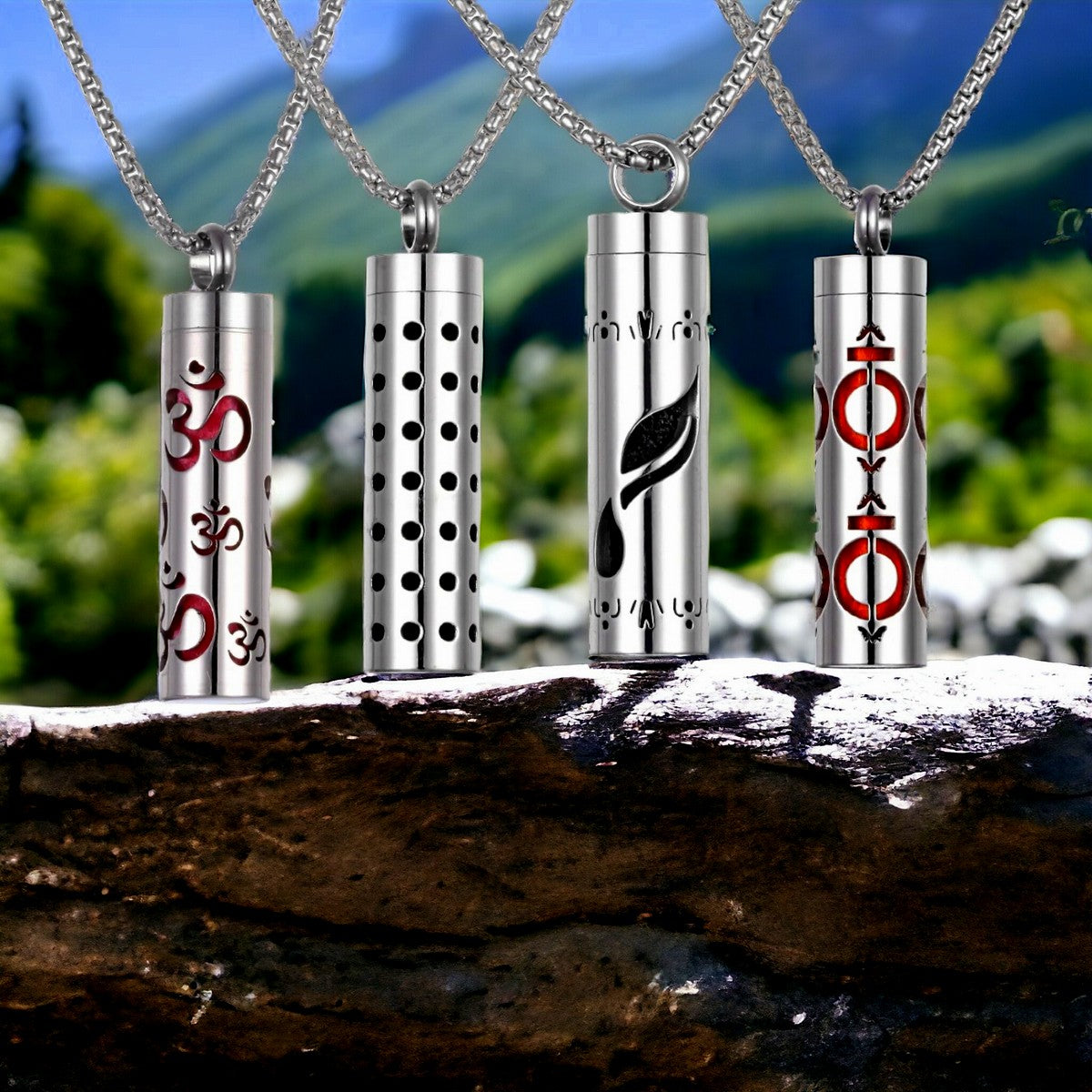 Collier homme, pendentif LUVSCENT™ demonstration variantes rocher montagnes