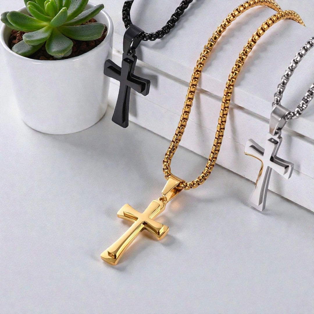 Collier homme pendentif La Croix LHéritage presentation variantes argent dore noir plantes