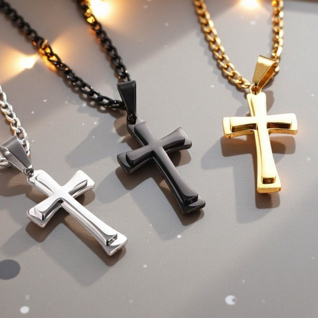 Collier homme pendentif La Croix LHéritage presentation variantes argent dore noir table brillante